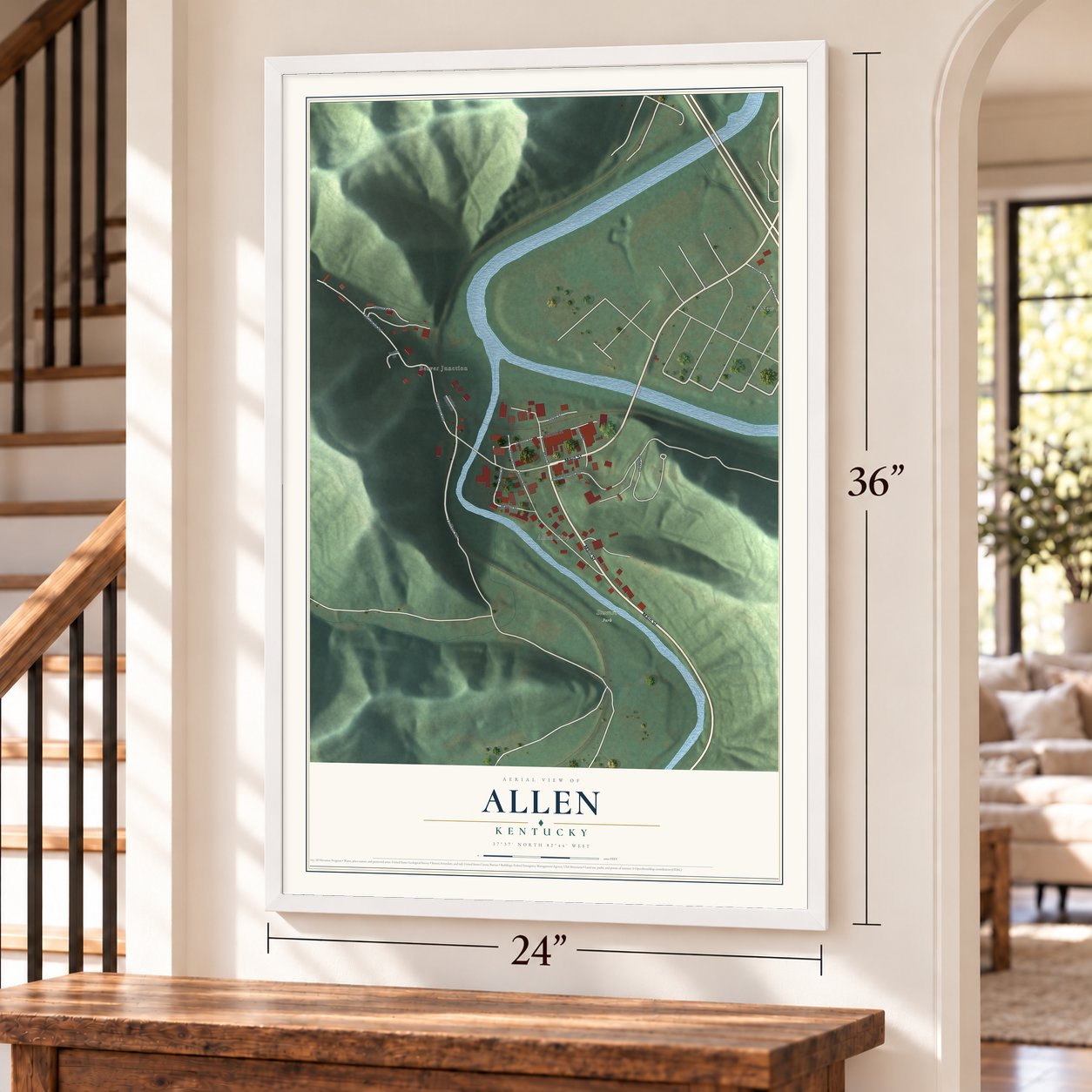 Allen, Kentucky map, 24 x 36 inch print in a white frame by a staircase