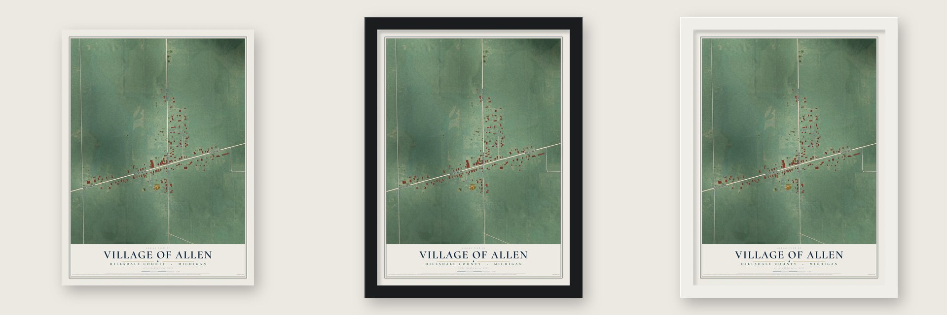 Allen, Michigan map unframed, in a black wood frame and in a white wood frame