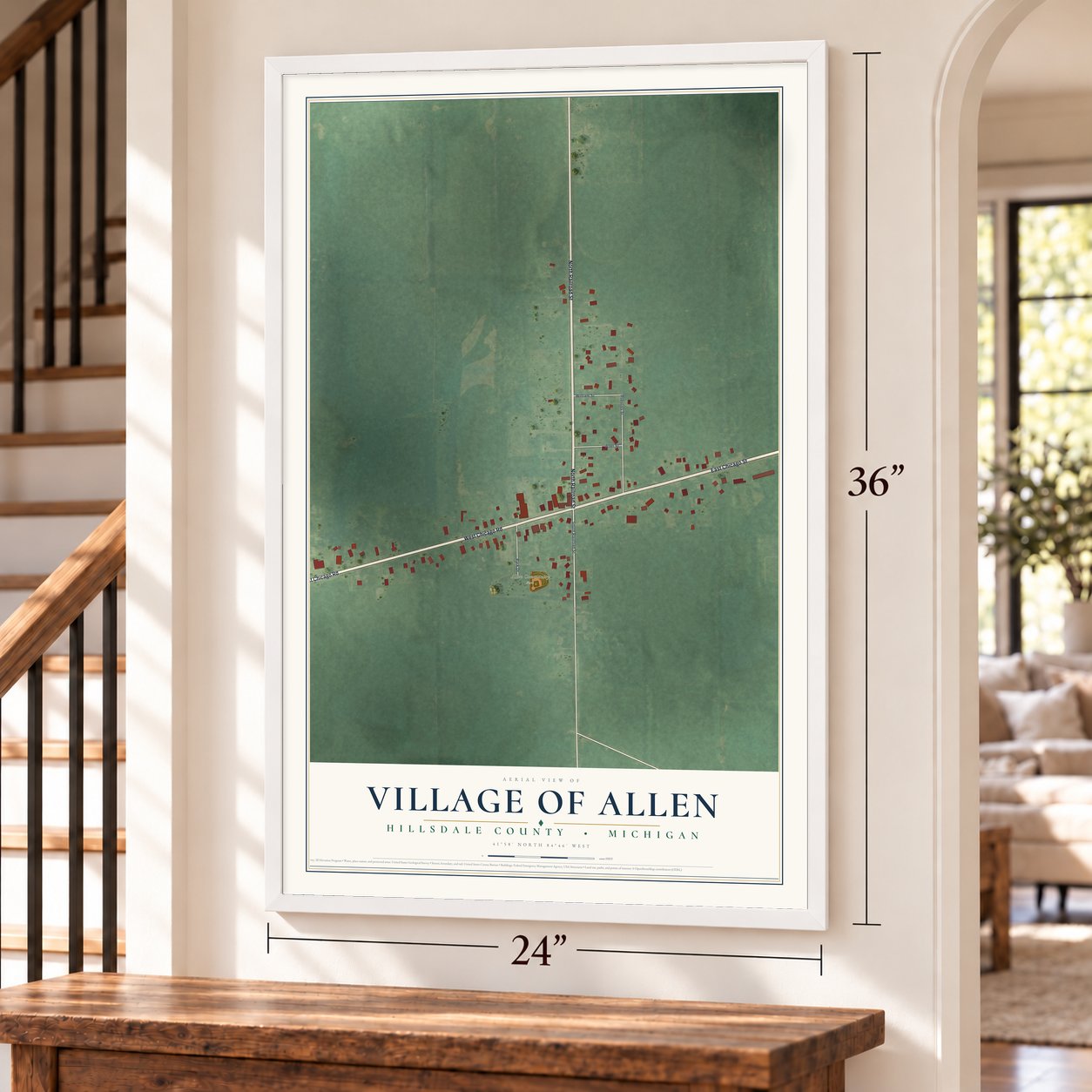 Allen, Michigan map, 24 x 36 inch print in a white frame by a staircase
