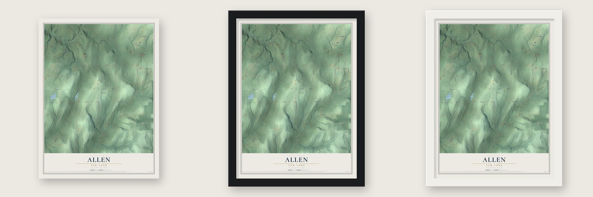 Allen, New York map unframed, in a black wood frame and in a white wood frame