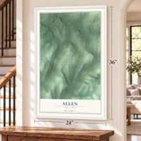 Allen, New York map, 24 x 36 inch print in a white frame by a staircase