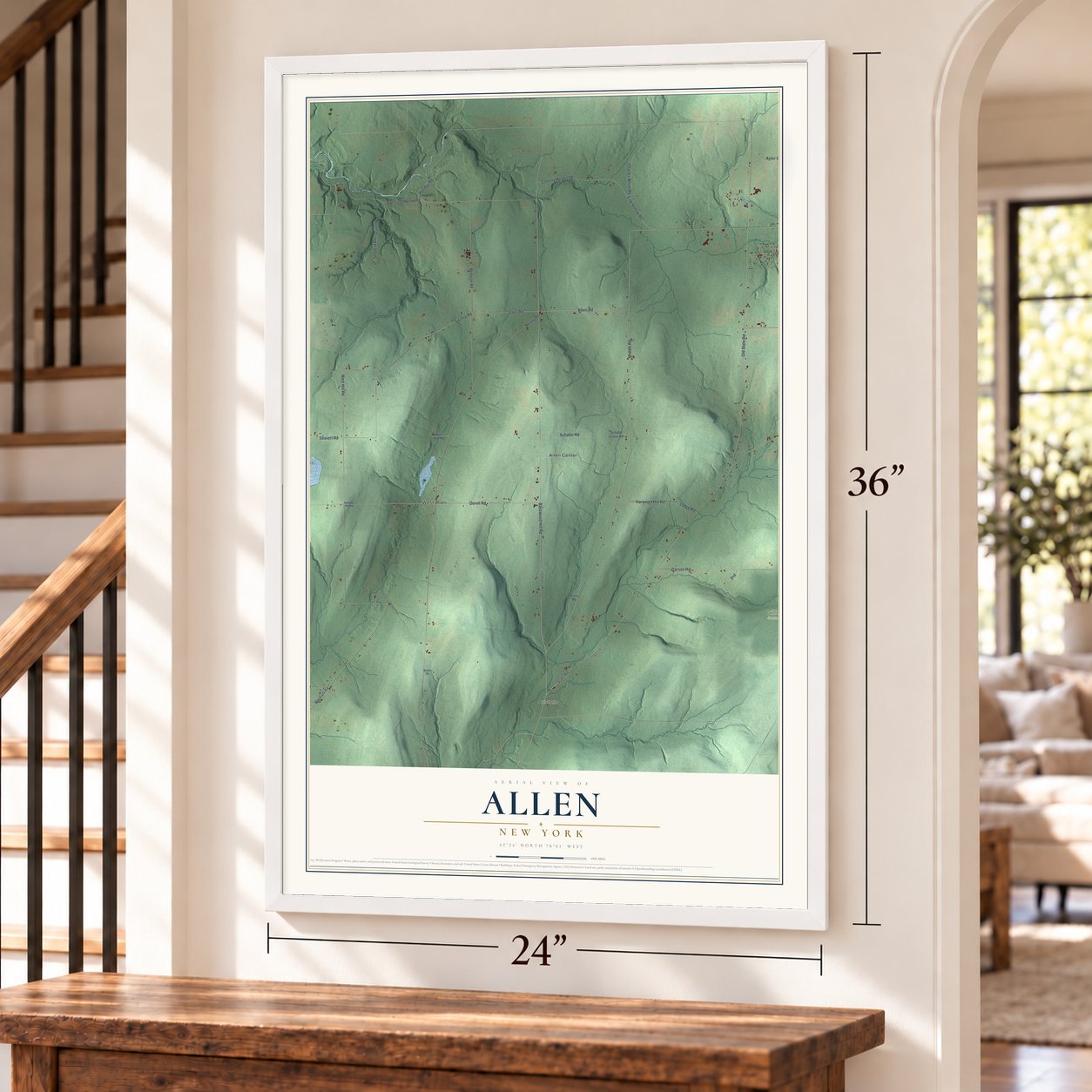 Allen, New York map, 24 x 36 inch print in a white frame by a staircase