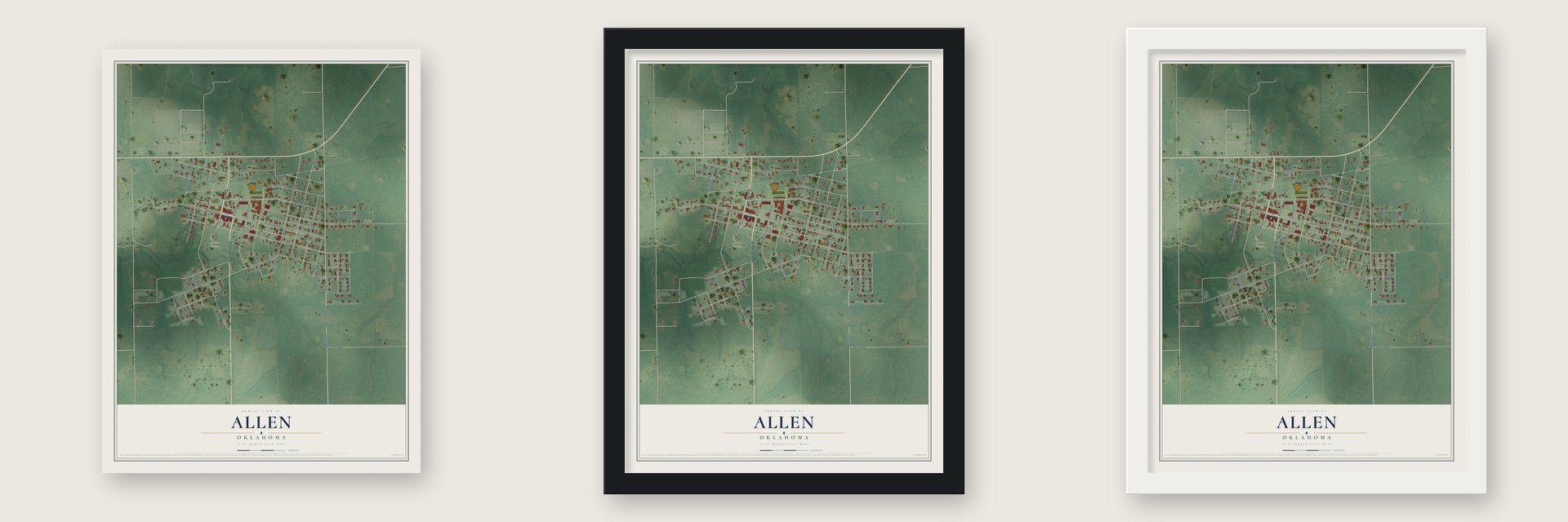 Allen, Oklahoma map unframed, in a black wood frame and in a white wood frame