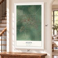 Allen, Oklahoma map, 24 x 36 inch print in a white frame by a staircase
