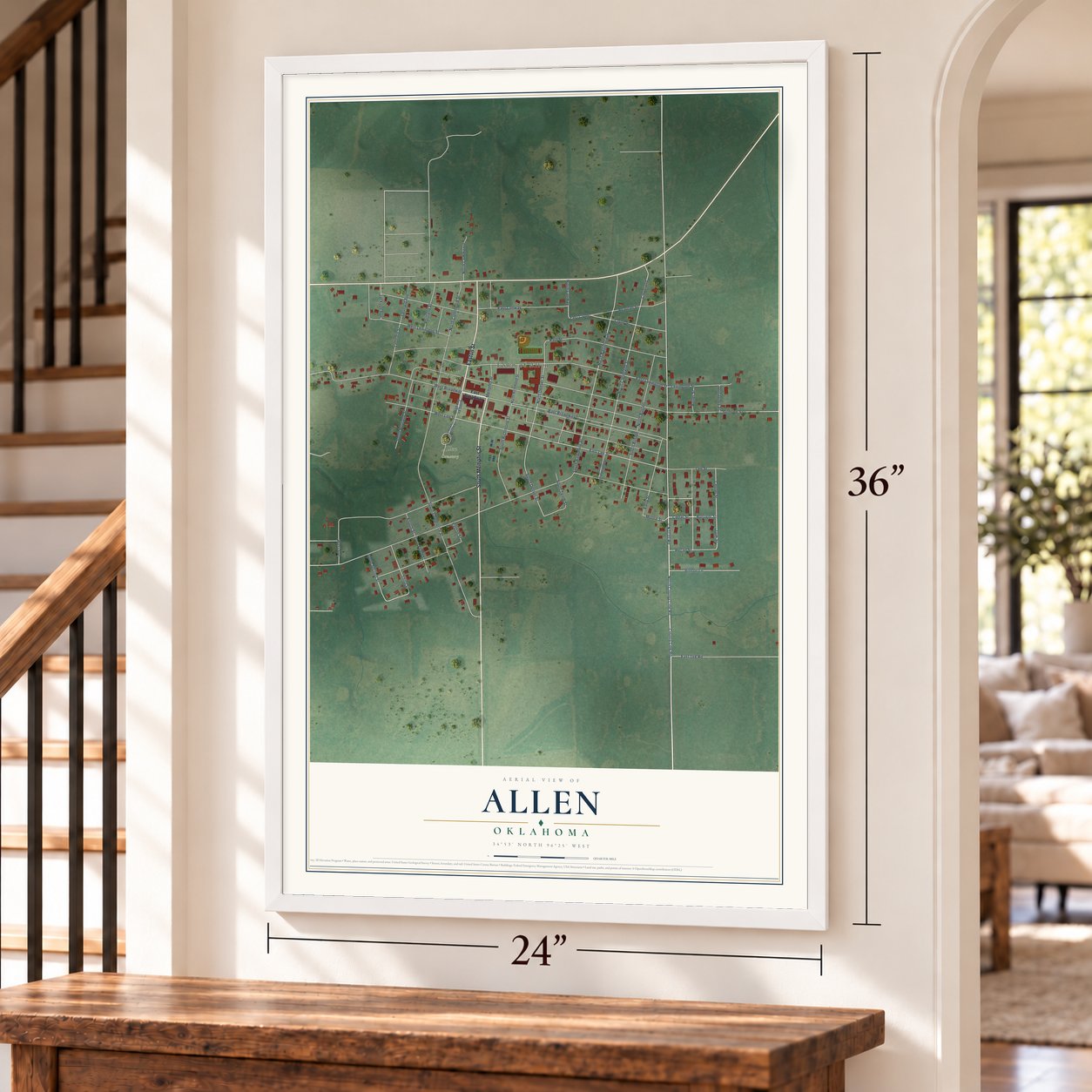 Allen, Oklahoma map, 24 x 36 inch print in a white frame by a staircase
