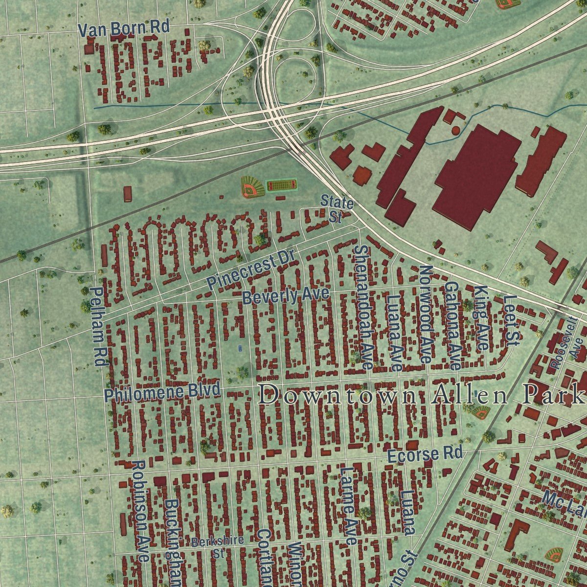 Second close-up of the map of Allen Park, Michigan print showing more streets and buildings