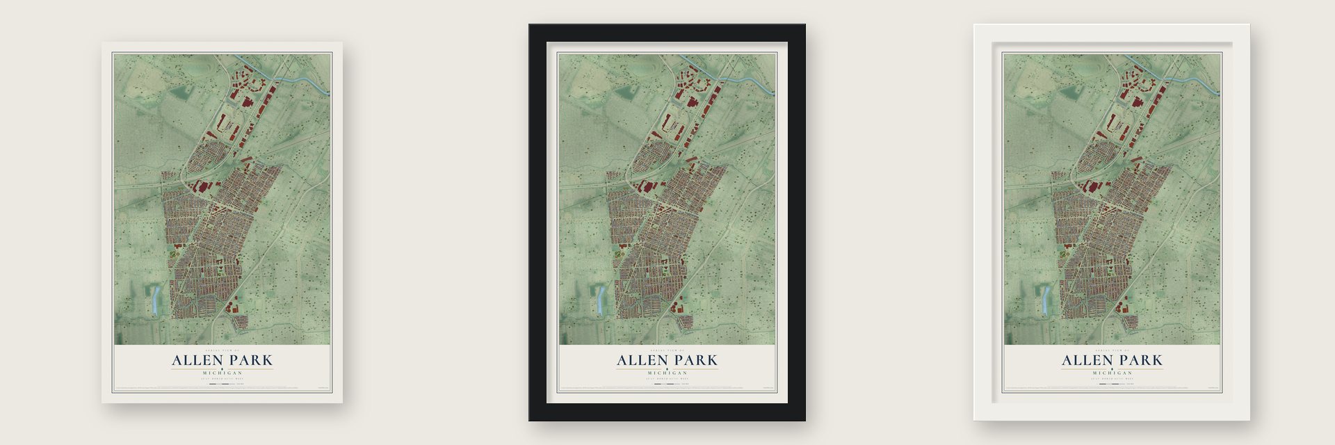 Allen Park, Michigan map unframed, in a black wood frame and in a white wood frame
