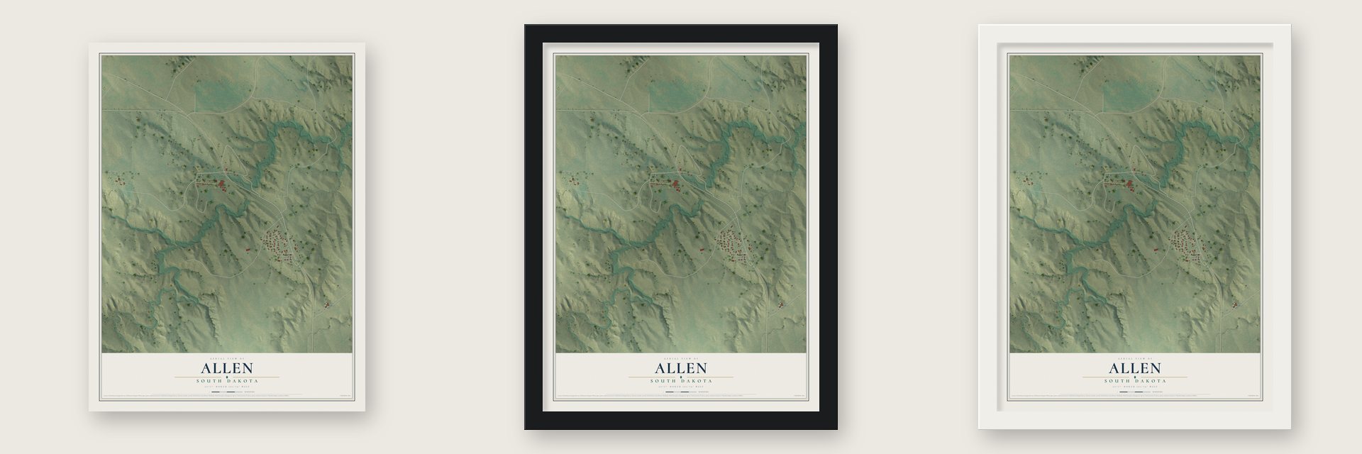 Allen, South Dakota map unframed, in a black wood frame and in a white wood frame