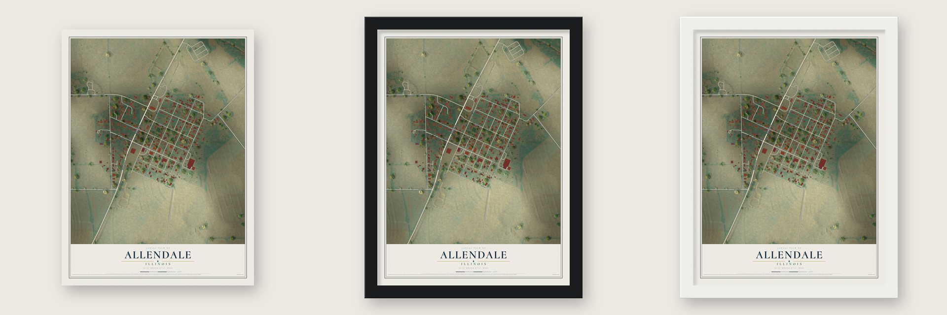 Allendale, Illinois map unframed, in a black wood frame and in a white wood frame