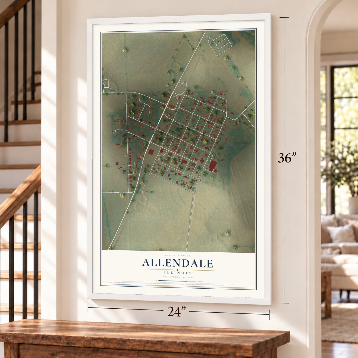 Allendale, Illinois map, 24 x 36 inch print in a white frame by a staircase