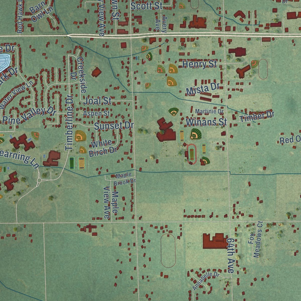 Second close-up of the map of Allendale, Michigan print showing more streets and buildings