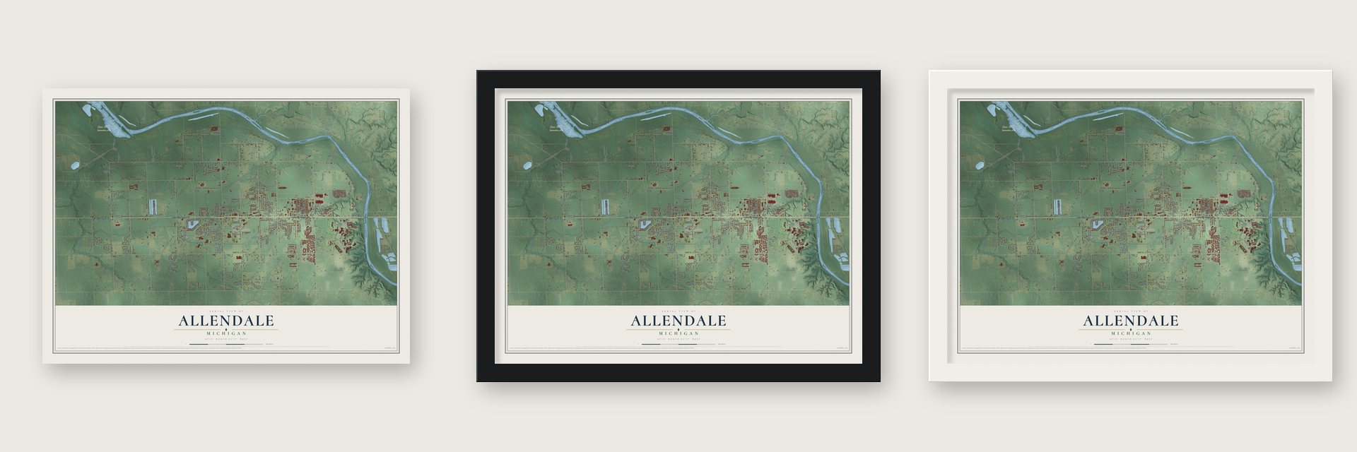 Allendale, Michigan map unframed, in a black wood frame and in a white wood frame