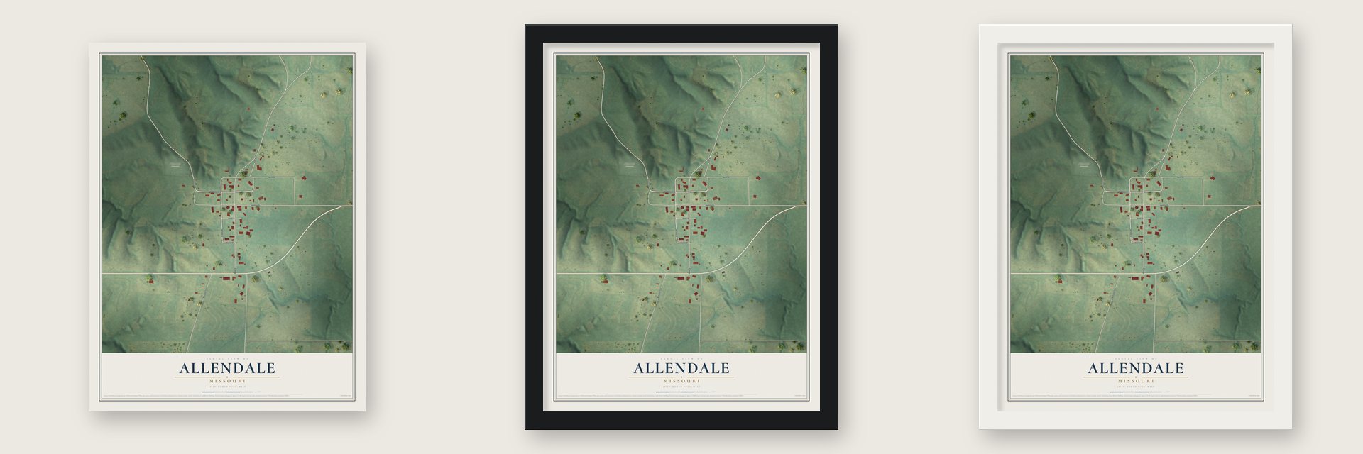 Allendale, Missouri map unframed, in a black wood frame and in a white wood frame