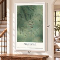 Allendale, Missouri map, 24 x 36 inch print in a white frame by a staircase