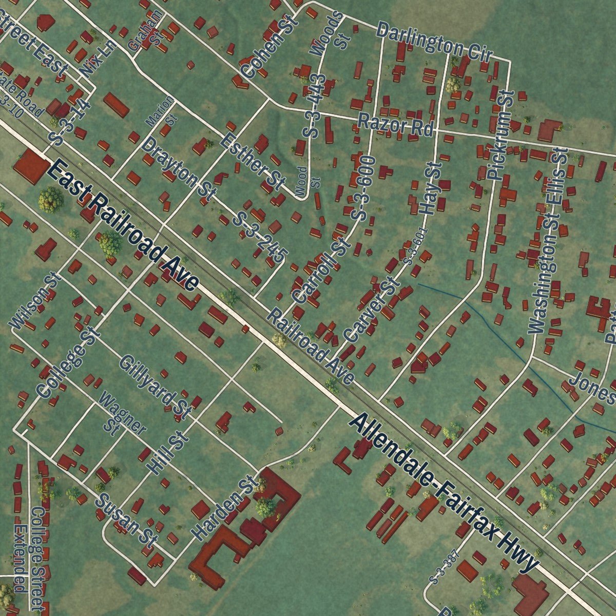 Second close-up of the map of Allendale, South Carolina print showing more streets and buildings