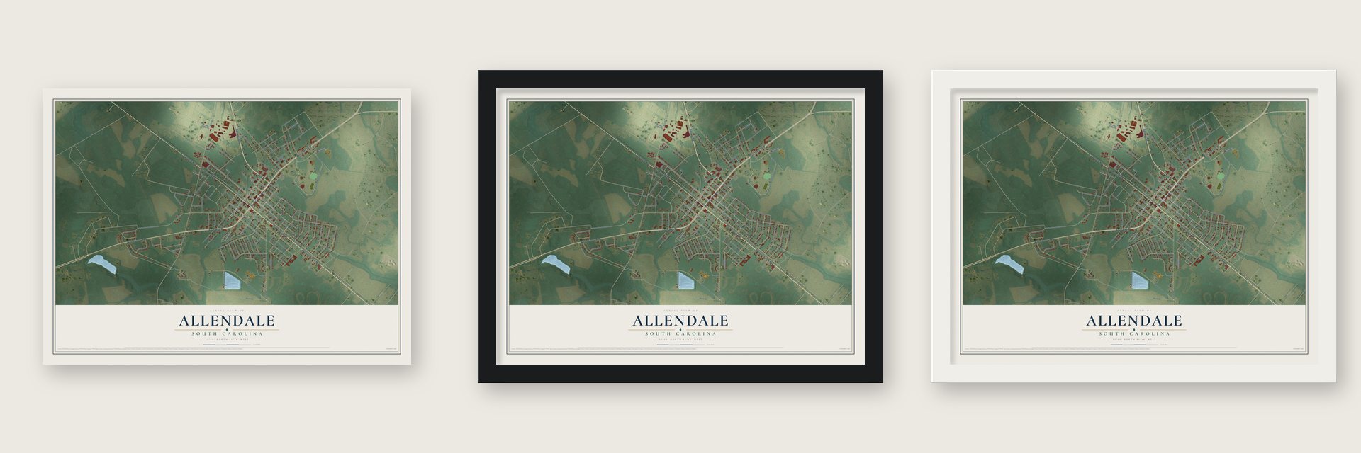 Allendale, South Carolina map unframed, in a black wood frame and in a white wood frame
