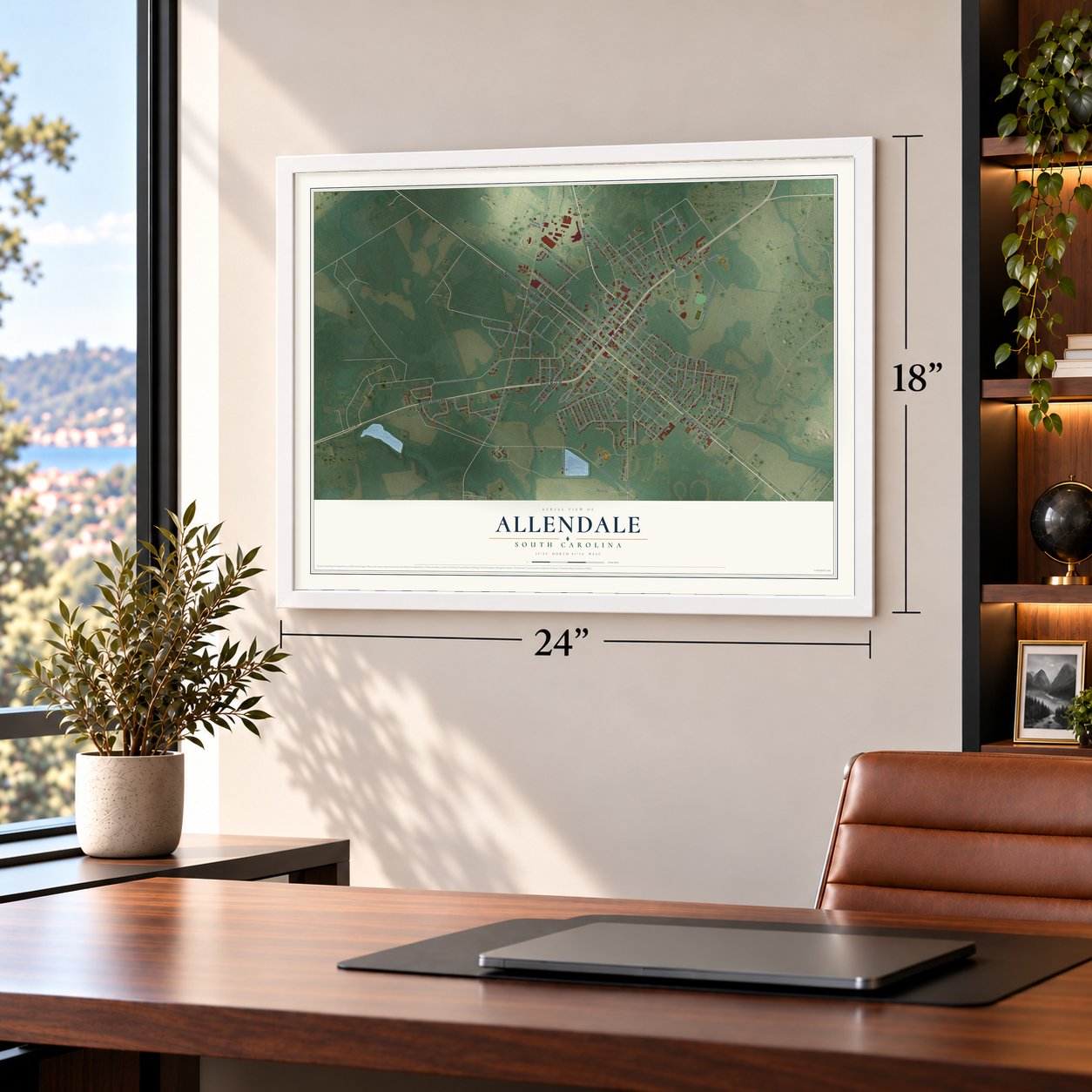 Allendale, South Carolina map, 18 x 24 inch print in a white frame in a home office