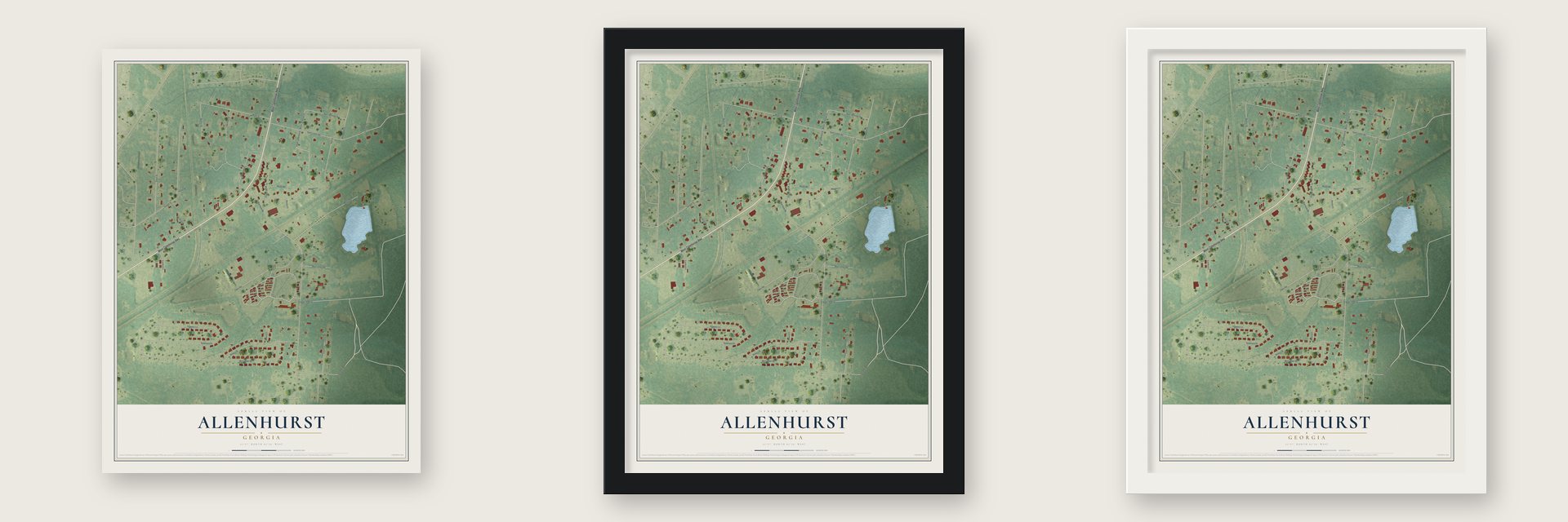 Allenhurst, Georgia map unframed, in a black wood frame and in a white wood frame