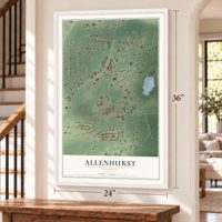 Allenhurst, Georgia map, 24 x 36 inch print in a white frame by a staircase