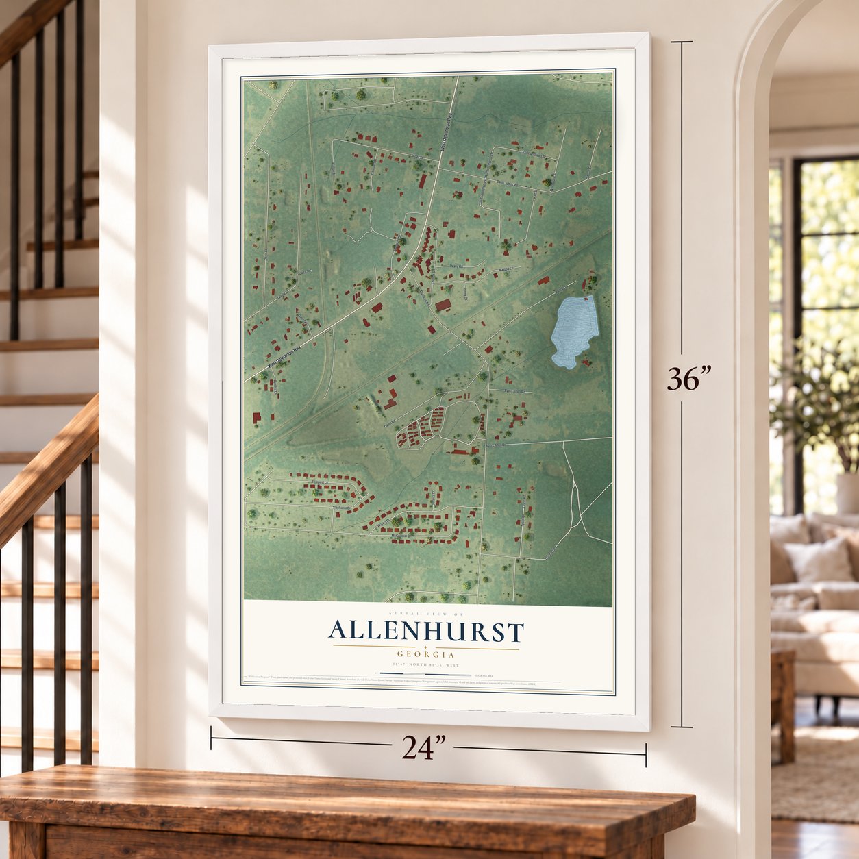 Allenhurst, Georgia map, 24 x 36 inch print in a white frame by a staircase