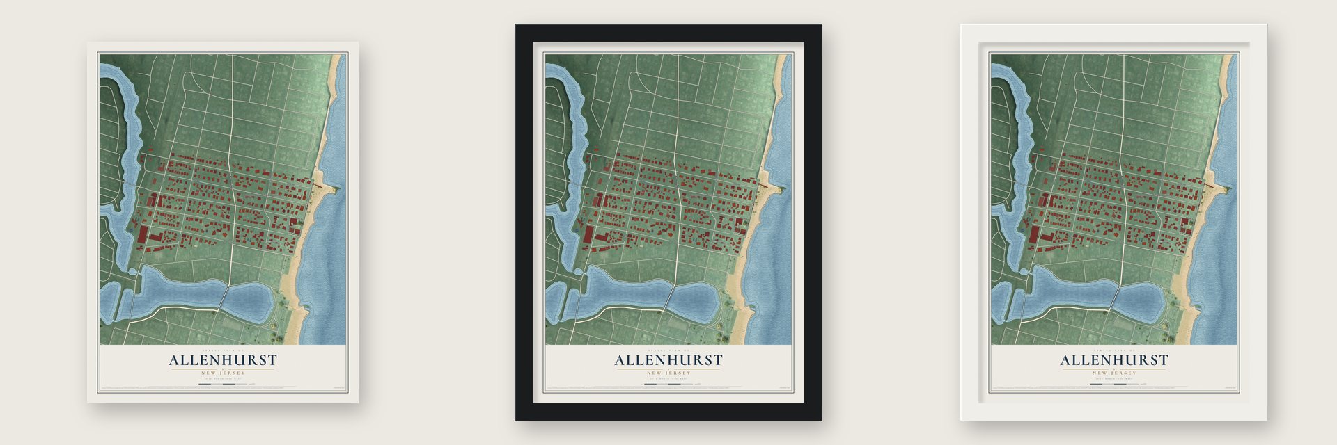 Allenhurst, New Jersey map unframed, in a black wood frame and in a white wood frame