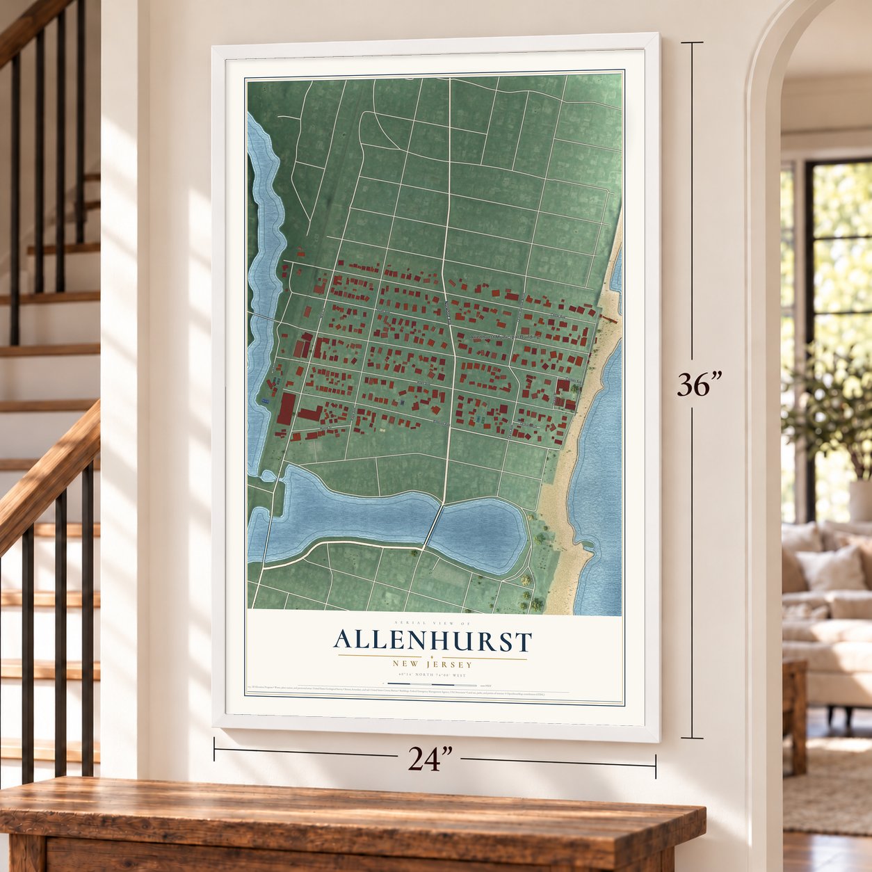 Allenhurst, New Jersey map, 24 x 36 inch print in a white frame by a staircase
