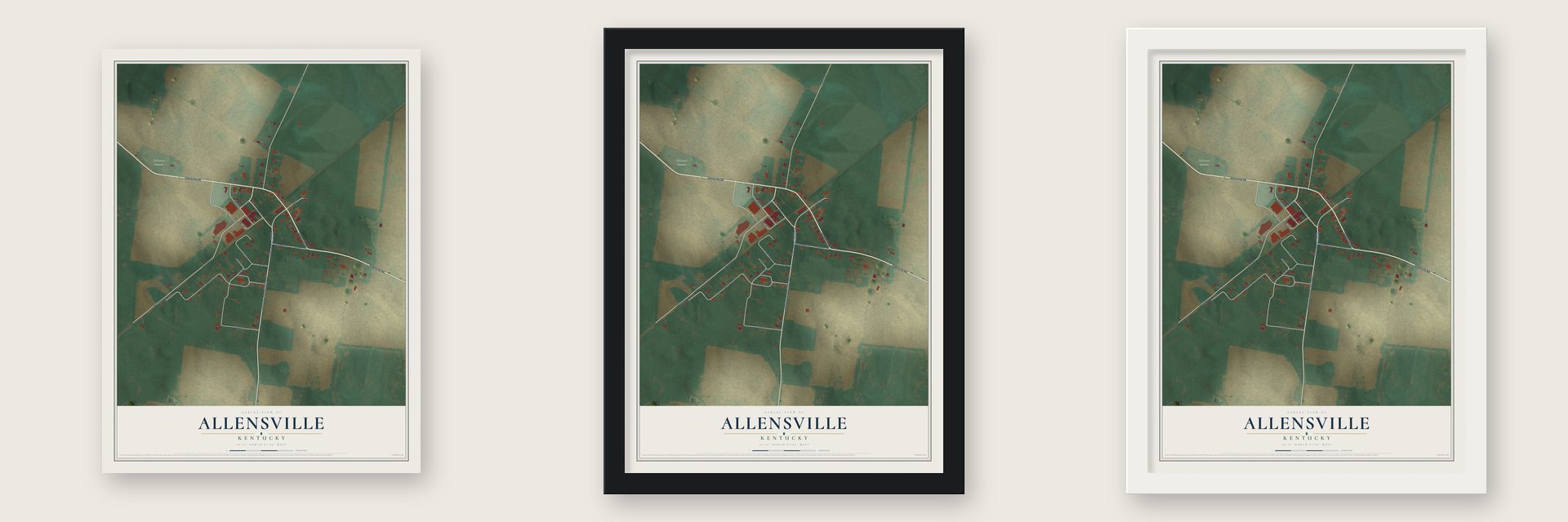 Allensville, Kentucky map unframed, in a black wood frame and in a white wood frame