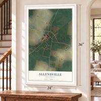 Allensville, Kentucky map, 24 x 36 inch print in a white frame by a staircase