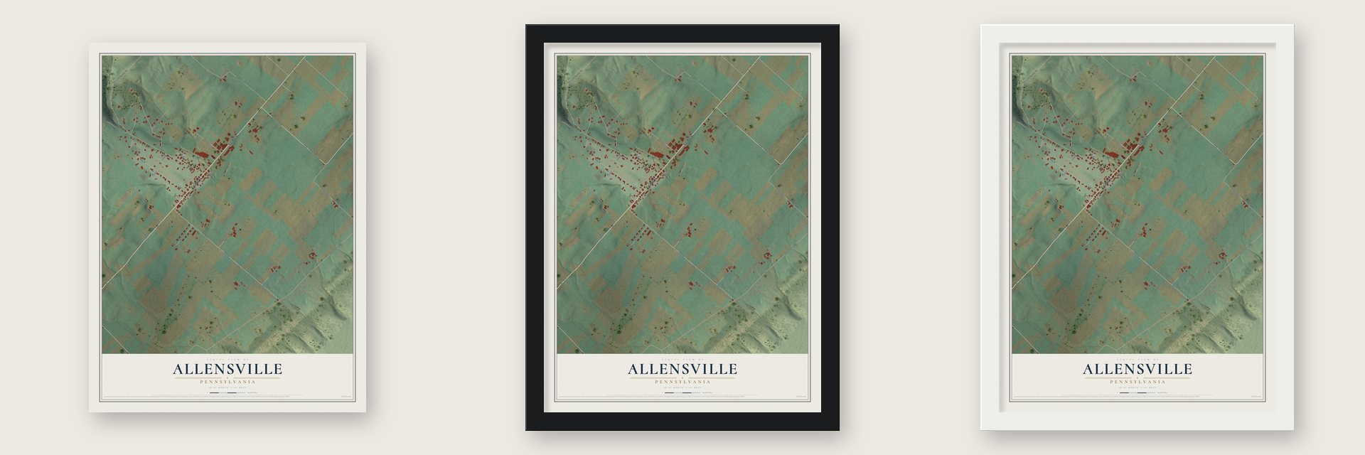 Allensville, Pennsylvania map unframed, in a black wood frame and in a white wood frame