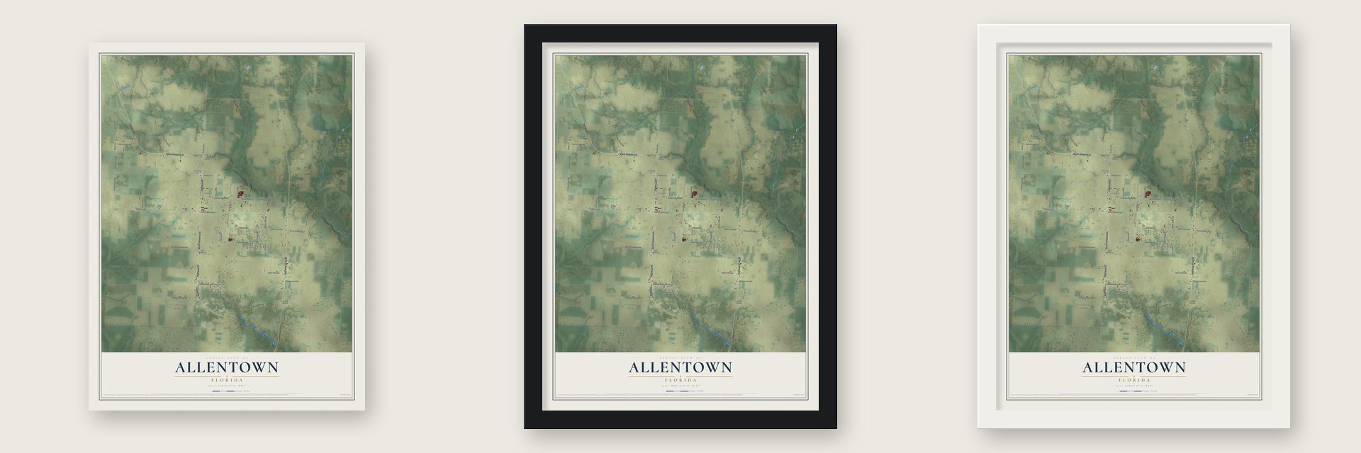 Allentown, Florida map unframed, in a black wood frame and in a white wood frame