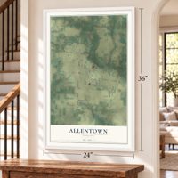 Allentown, Florida map, 24 x 36 inch print in a white frame by a staircase