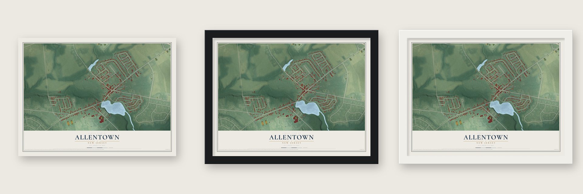 Allentown, New Jersey map unframed, in a black wood frame and in a white wood frame