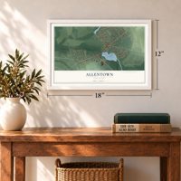 Allentown, New Jersey map, 12 x 18 inch print in a white frame in an entryway