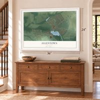 Allentown, New Jersey map, 24 x 36 inch print in a white frame above a dresser by a staircase