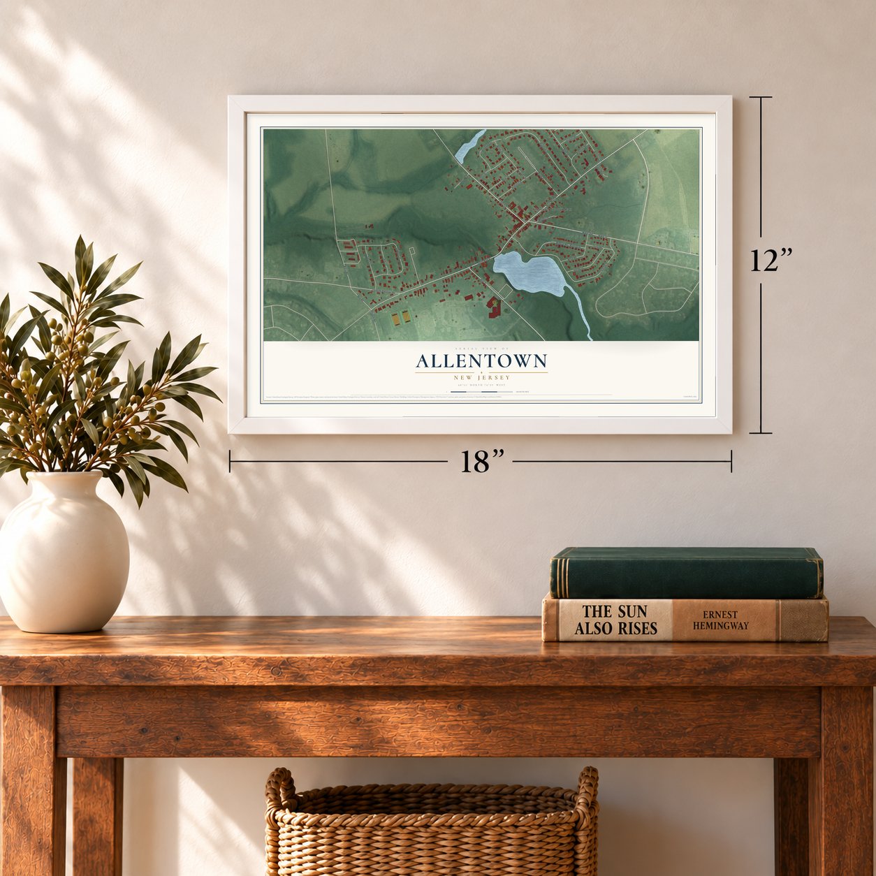 Allentown, New Jersey map, 12 x 18 inch print in a white frame in an entryway