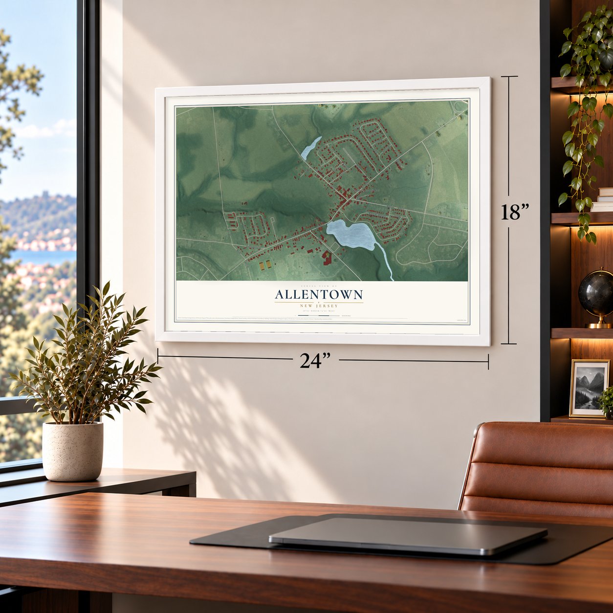Allentown, New Jersey map, 18 x 24 inch print in a white frame in a home office