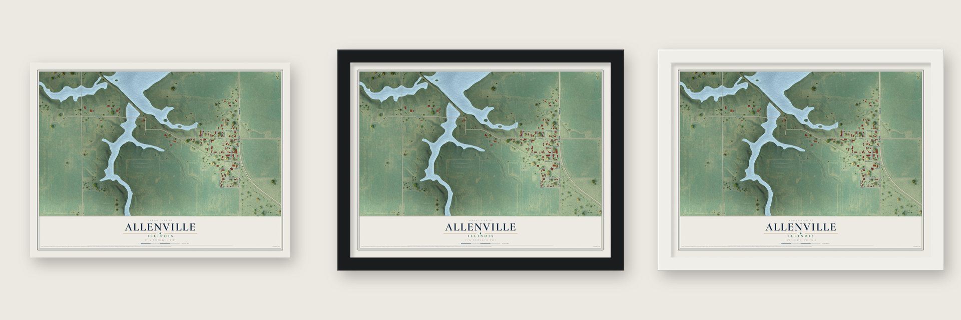 Allenville, Illinois map unframed, in a black wood frame and in a white wood frame
