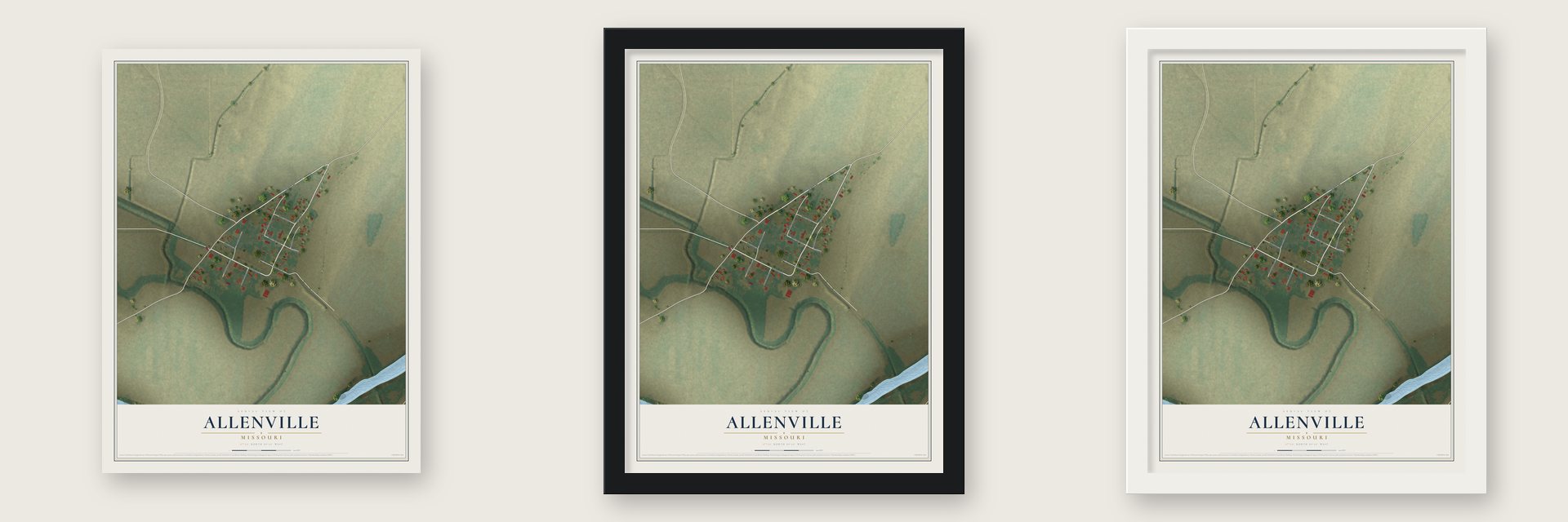 Allenville, Missouri map unframed, in a black wood frame and in a white wood frame