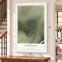 Allenville, Missouri map, 24 x 36 inch print in a white frame by a staircase