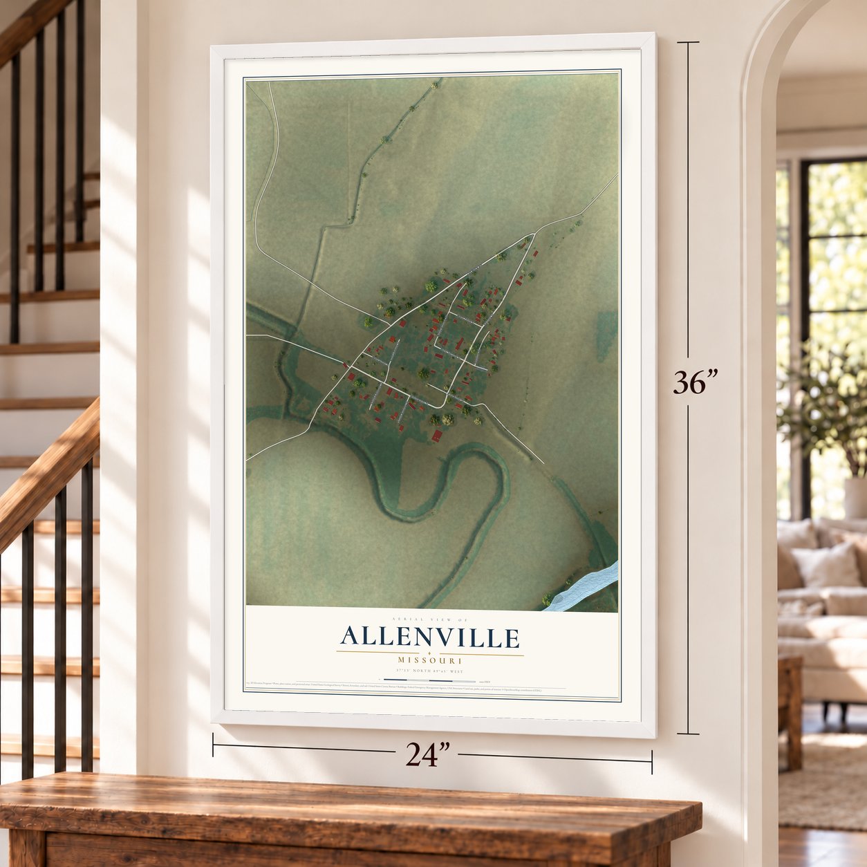 Allenville, Missouri map, 24 x 36 inch print in a white frame by a staircase