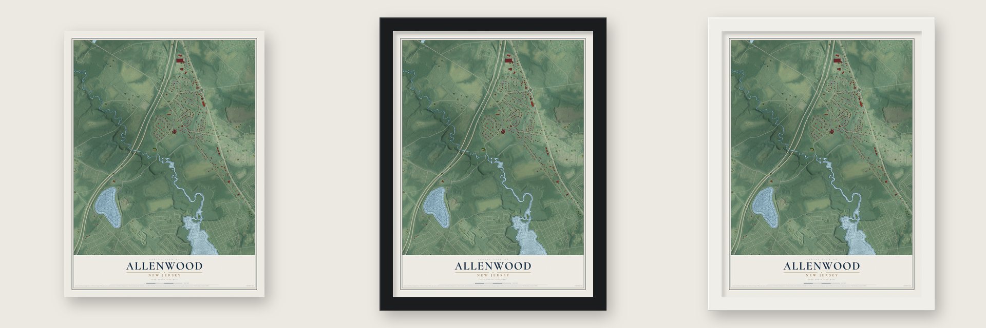 Allenwood, New Jersey map unframed, in a black wood frame and in a white wood frame