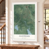 Allenwood, New Jersey map, 24 x 36 inch print in a white frame by a staircase