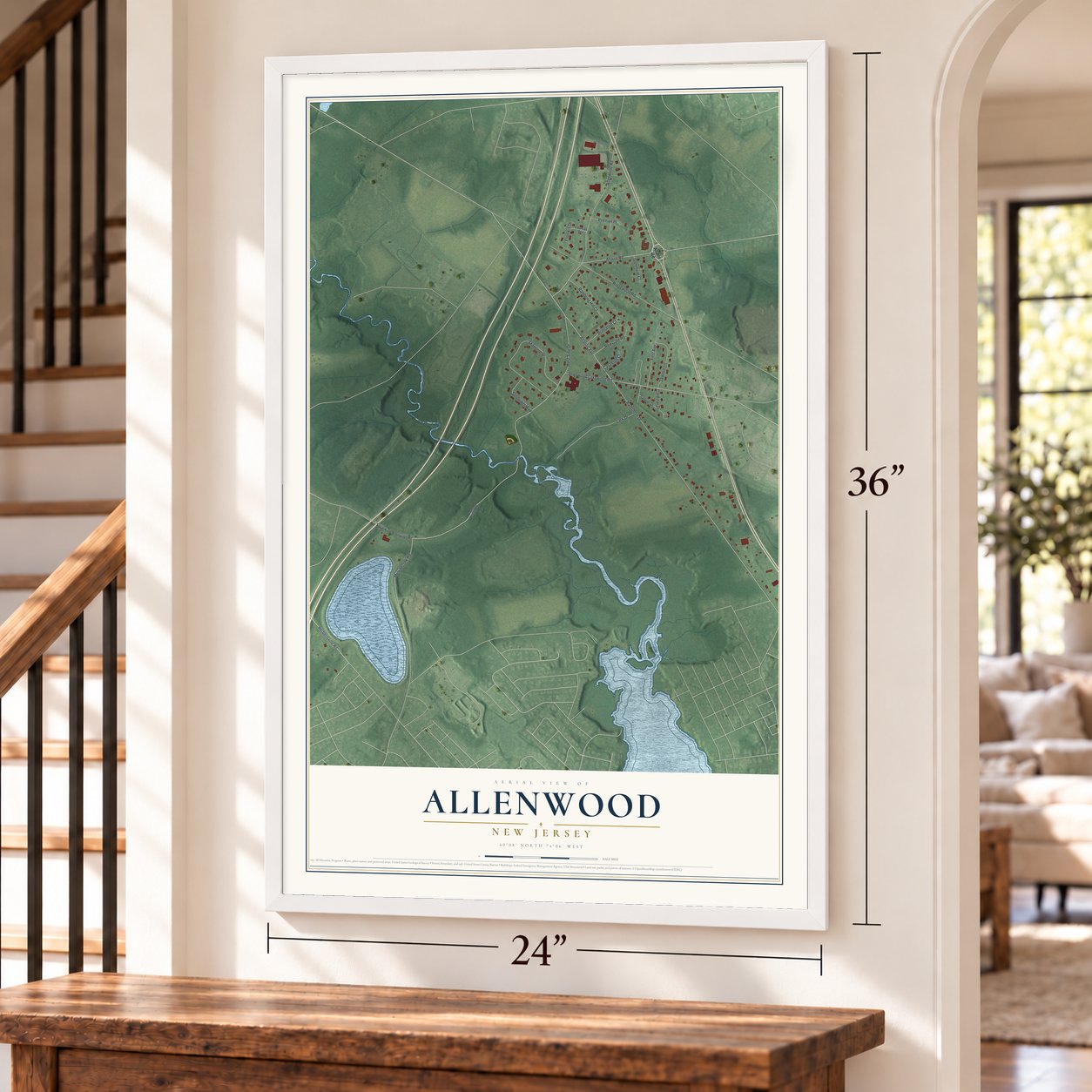 Allenwood, New Jersey map, 24 x 36 inch print in a white frame by a staircase