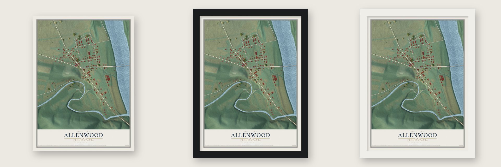 Allenwood, Pennsylvania map unframed, in a black wood frame and in a white wood frame