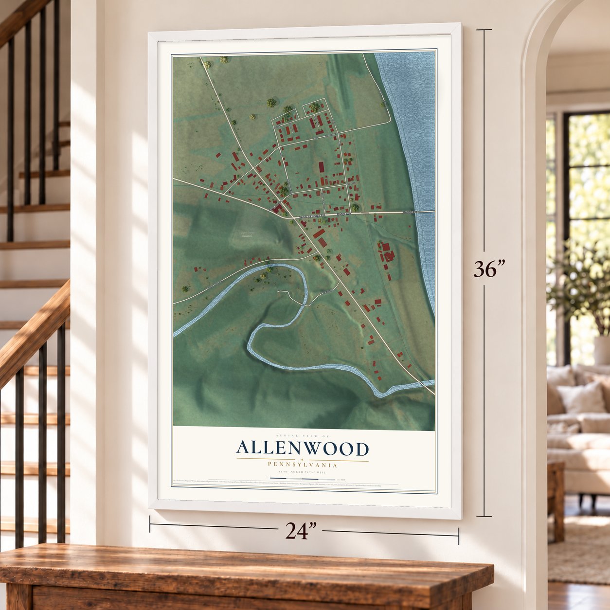 Allenwood, Pennsylvania map, 24 x 36 inch print in a white frame by a staircase