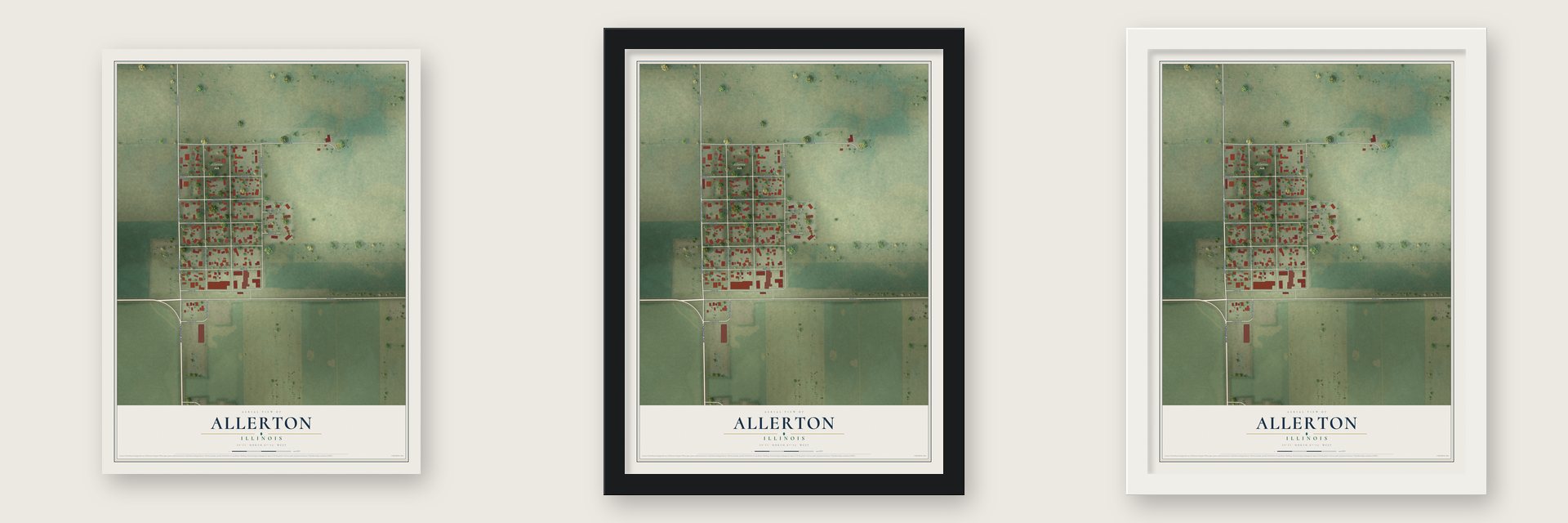 Allerton, Illinois map unframed, in a black wood frame and in a white wood frame