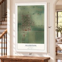 Allerton, Illinois map, 24 x 36 inch print in a white frame by a staircase