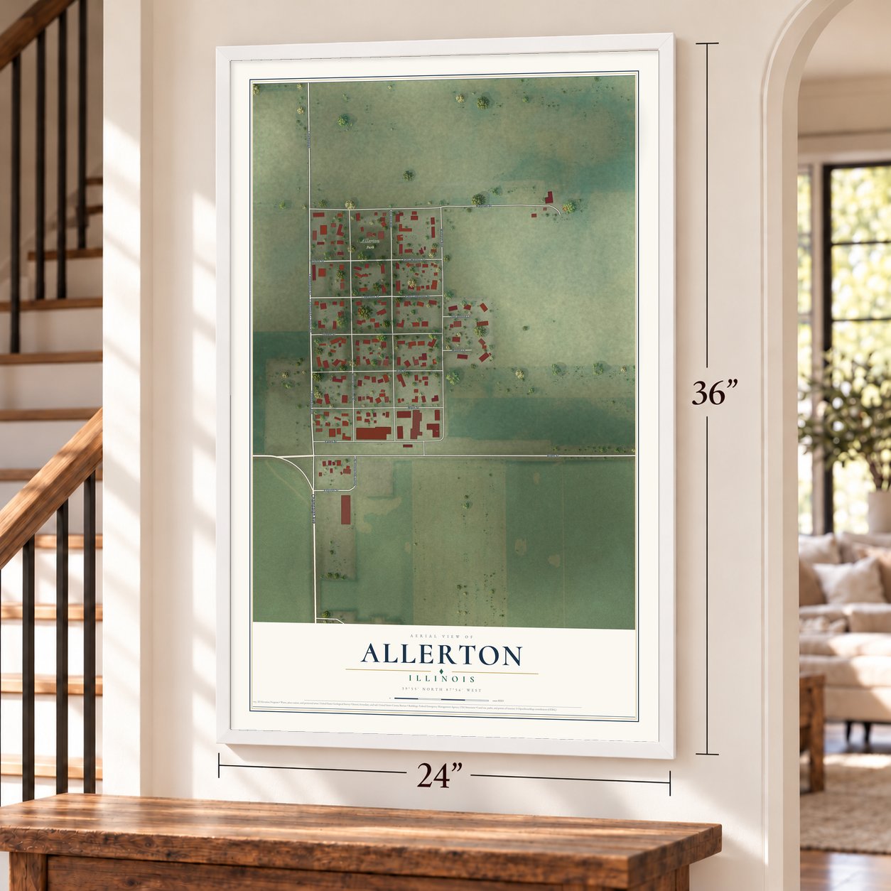 Allerton, Illinois map, 24 x 36 inch print in a white frame by a staircase