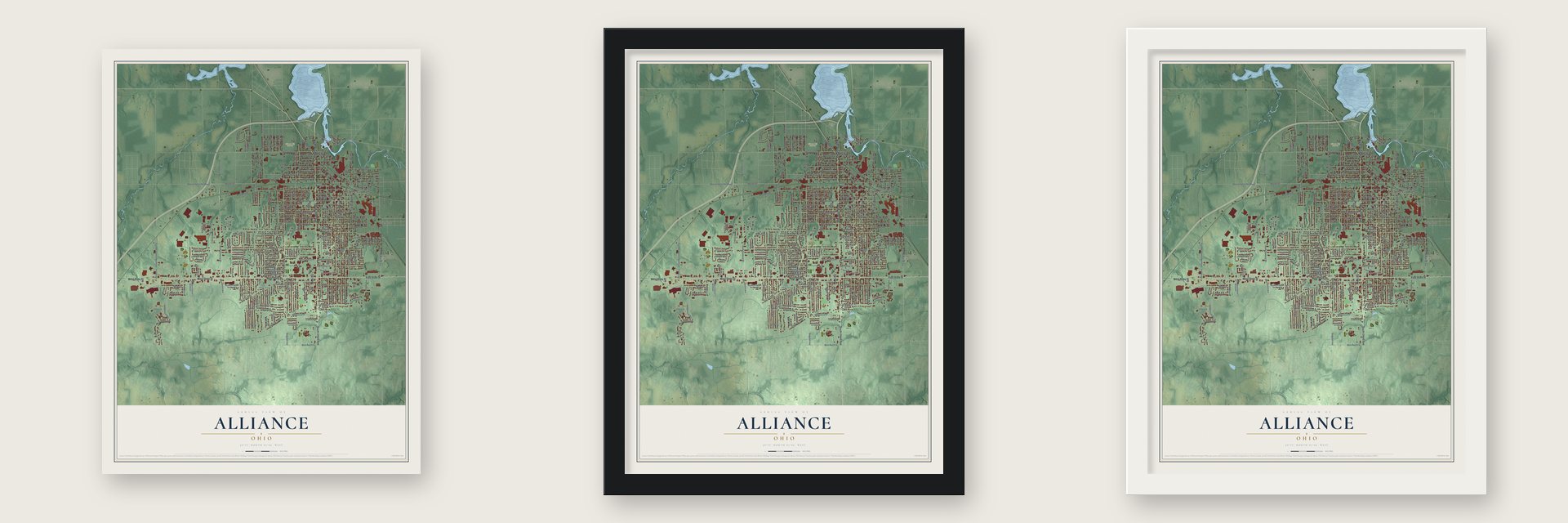 Alliance, Ohio map unframed, in a black wood frame and in a white wood frame