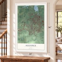 Alliance, Ohio map, 24 x 36 inch print in a white frame by a staircase
